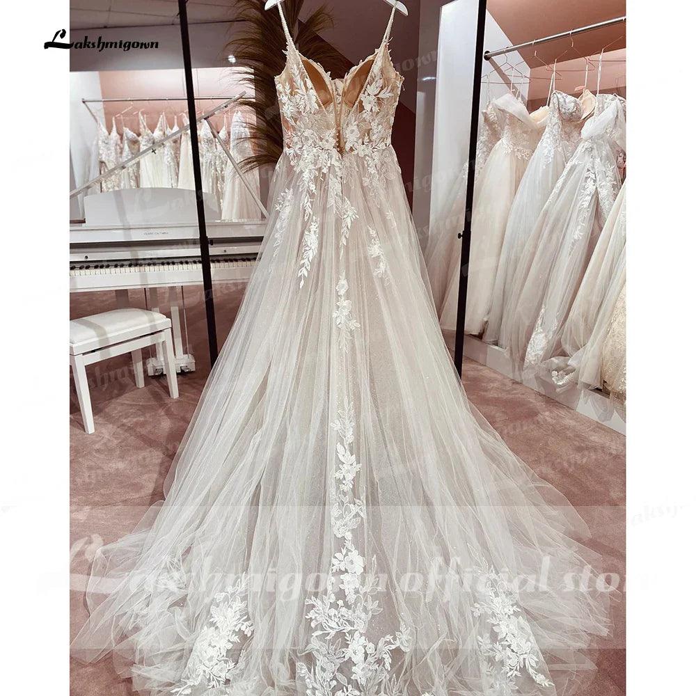 Spaghetti Straps Lace Wedding Dress Open Back Civil Bridal Bohemian Wedding Gowns Vestidos de Nova