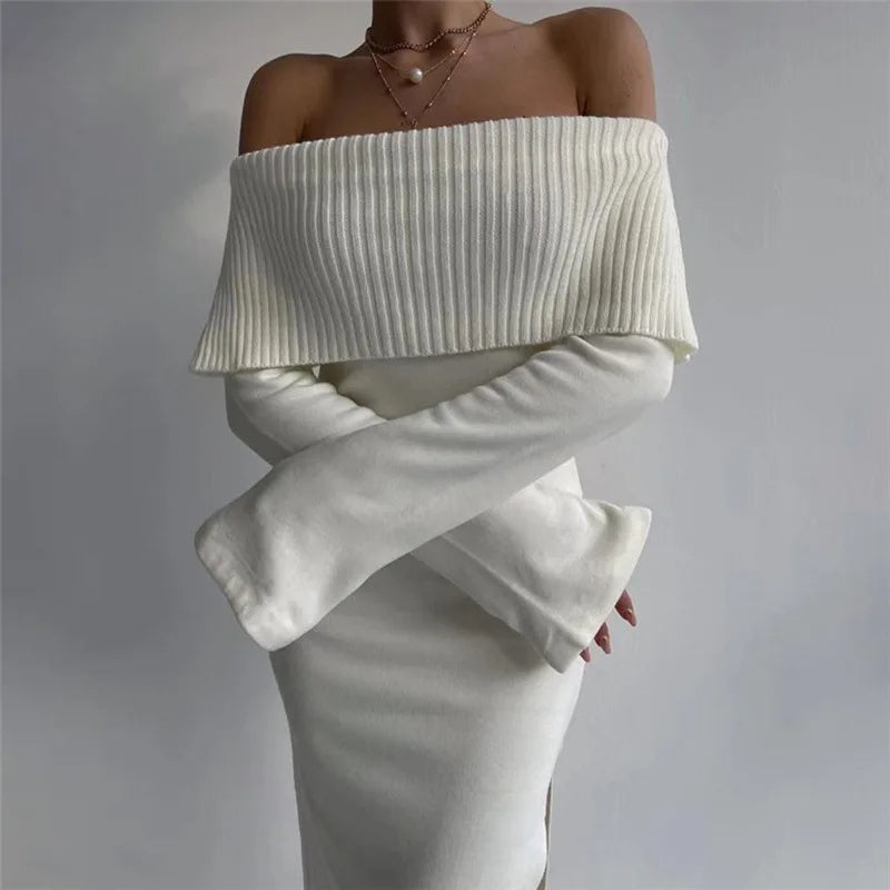 OffShoulder Lapel Neck Long Sleeve Maxi Dress