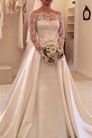Latest Bateau Long Sleeve Satin Bridal Gowns Formal Lace Bowknot Beadings Long Wedding Dress