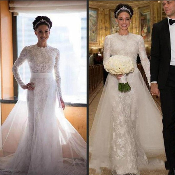 Latest High Collar Long Sleeve Wedding Dress with Beadings Lace Sweep Train Bridal Gown