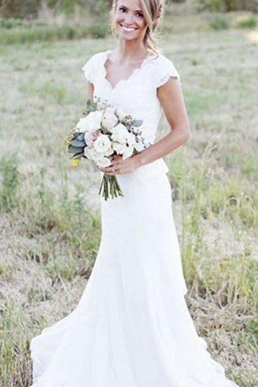 Latest Simple V-Neck White Lace Wedding Gowns Chiffon Short Sleeve Plus Size Beach Bridal Dress