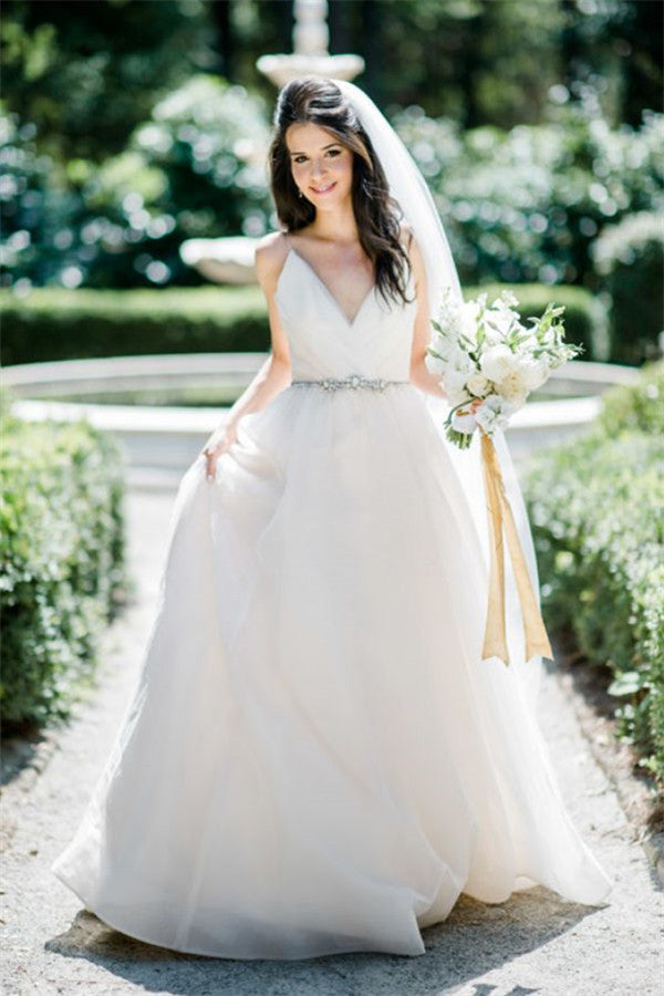 Latest V-Neck Chiffon Long Wedding Dress A-Line Elegant Spaghetti Strap Bridal Gowns