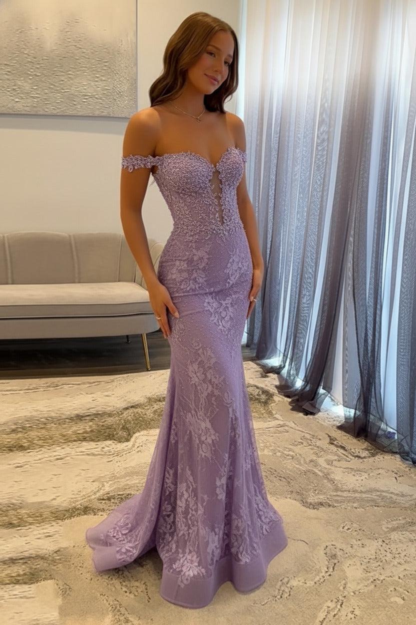 Navy Prom Dress Off The Shoulder Mermaid Long Lace Formal Dress (ZD17401)