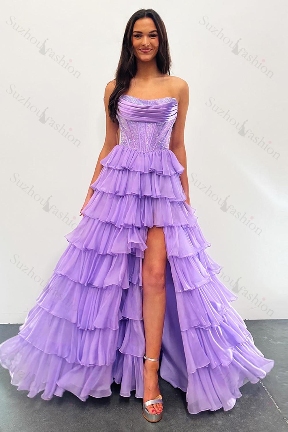 Yellow Prom Dress A Line Strapless Corset Long Chiffon Formal Dress With Slit