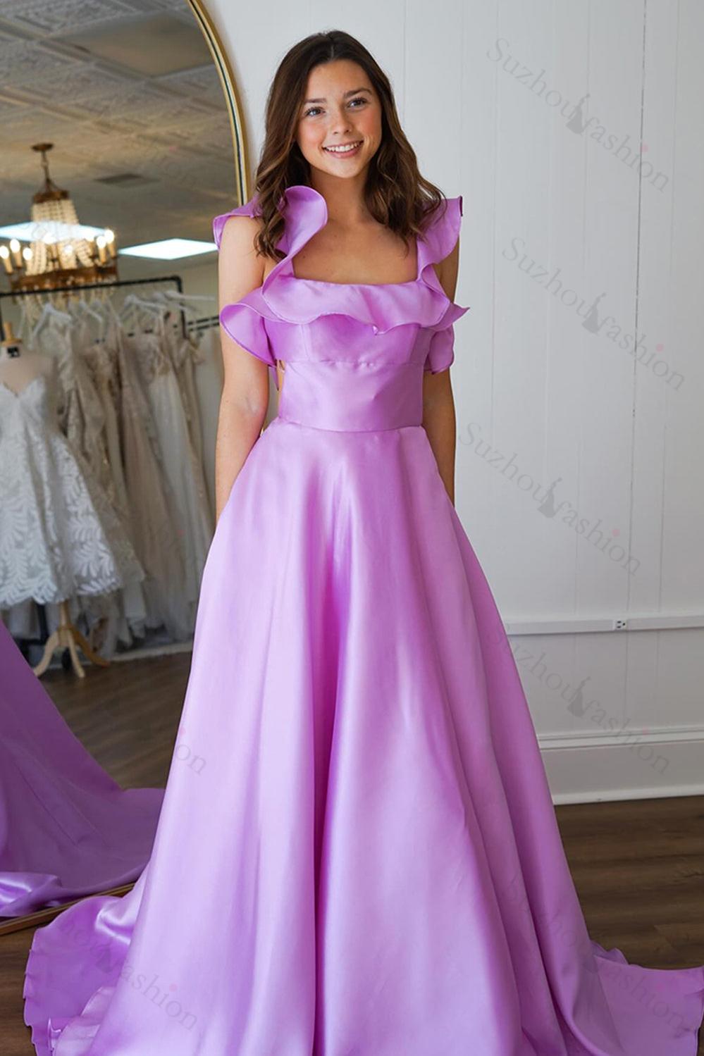 Lavender Prom Dress Square Neck A Line Formal Dress With Ruffled Sleeves