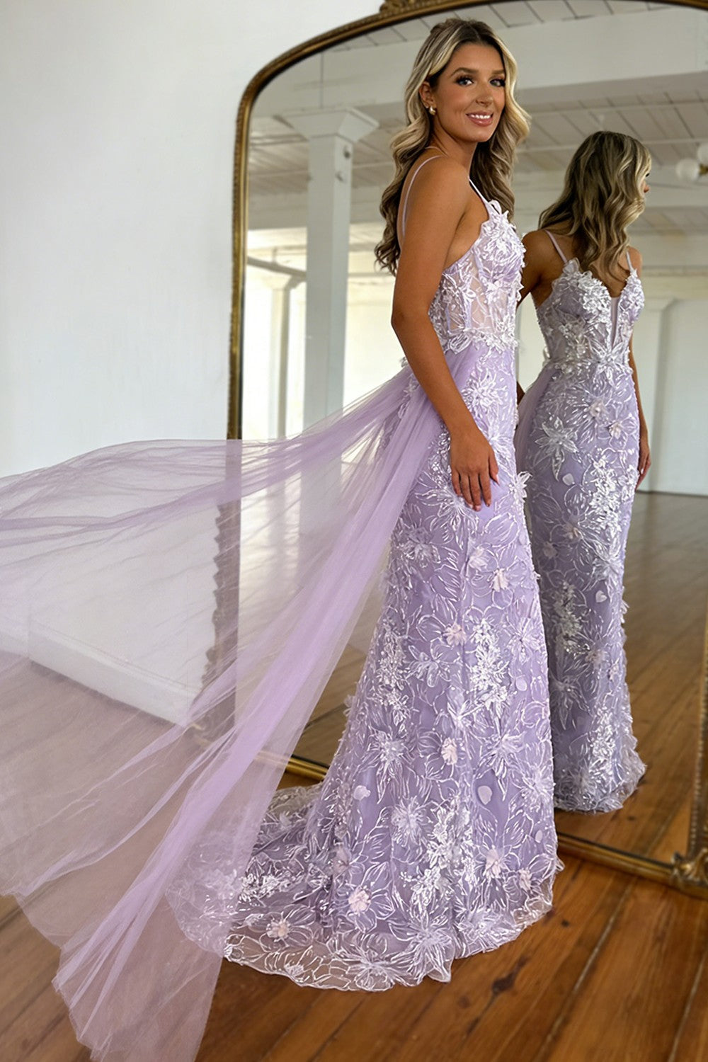 Charming A Line Lavender Floral Embroidered Mermaid Prom Dress with Train