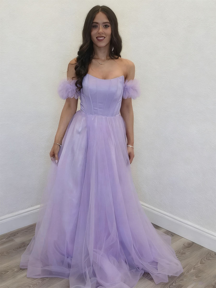 Lavender Off-the-Shoulder Corset Bodice Tulle Prom Dress - VelvetHem