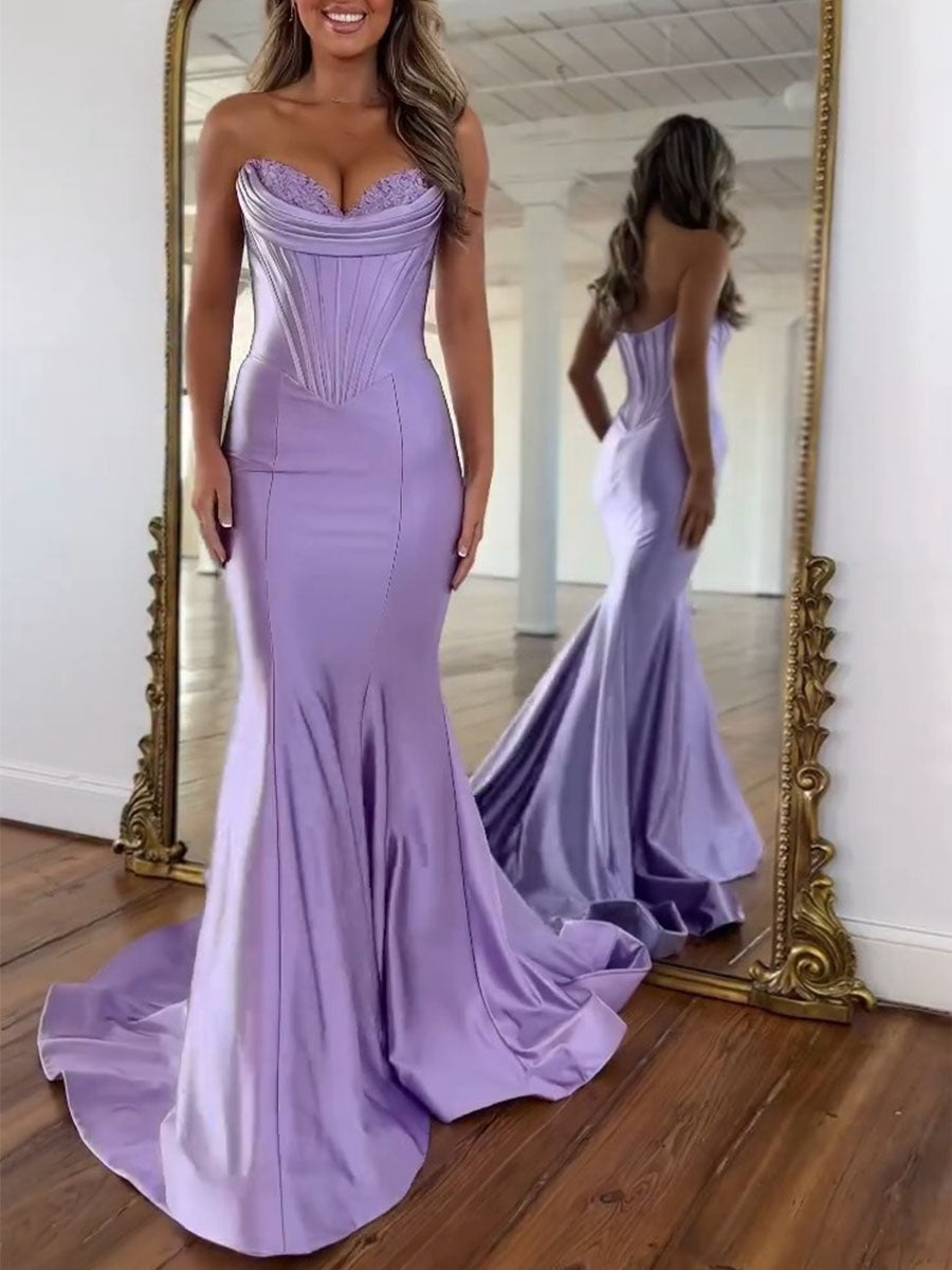 Lavender Satin Strapless Cowl Neckline Corset Prom Dress with Basque Waist - VelvetHem
