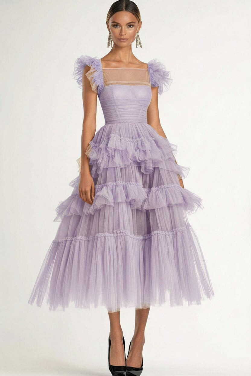Tea Length Black Wedding Guest Dress A-Line Flatter Sleeves Tulle Formal Dress With Ruffles