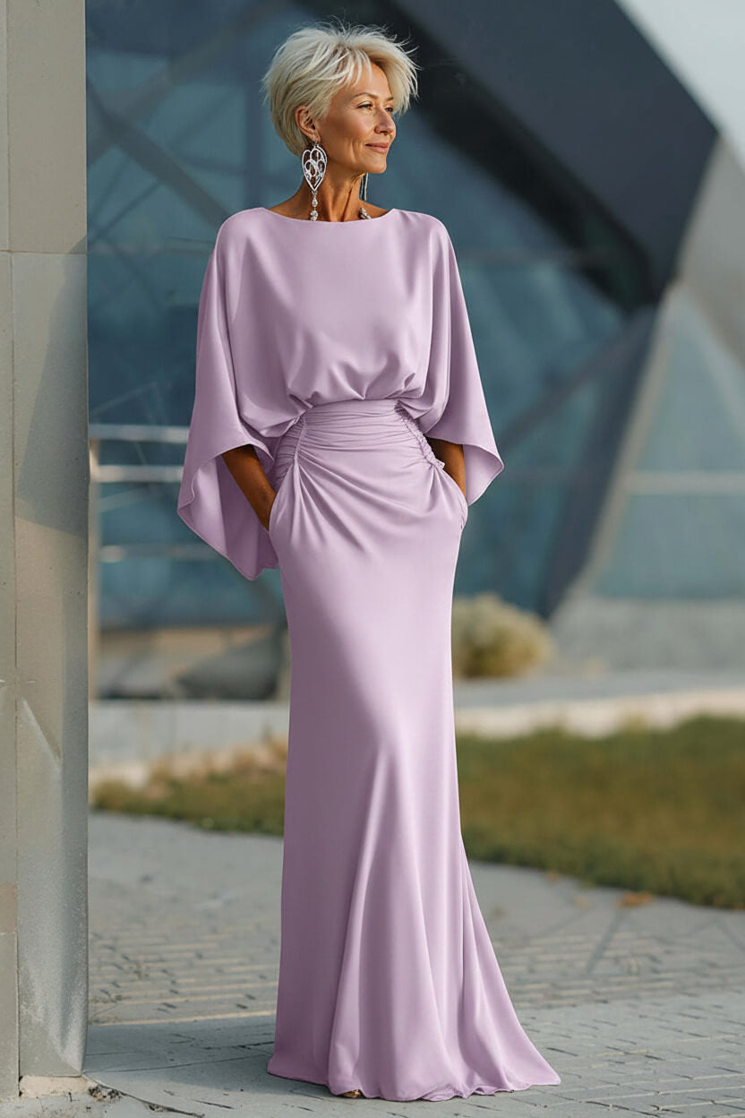 Navy Satin Mermaid Backless Long Mother Of The Bride Dress With Pockets