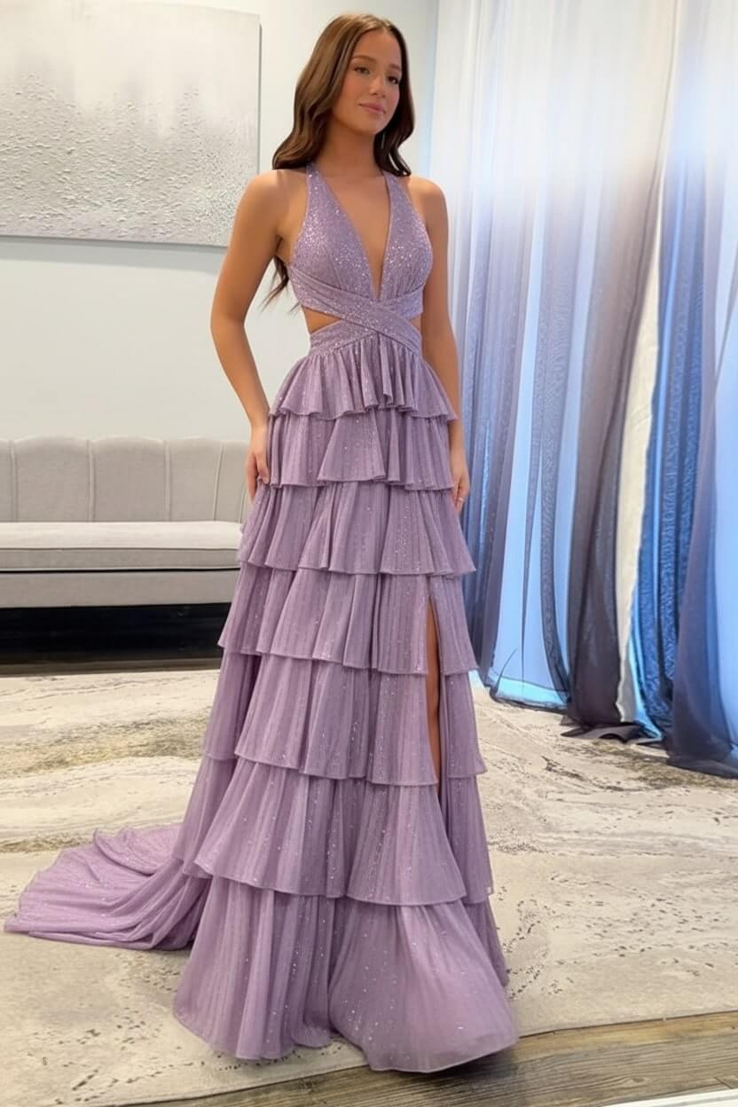 Emerald Green Prom Dress Tiered A-Line Halter Long Formal Dress With Slit