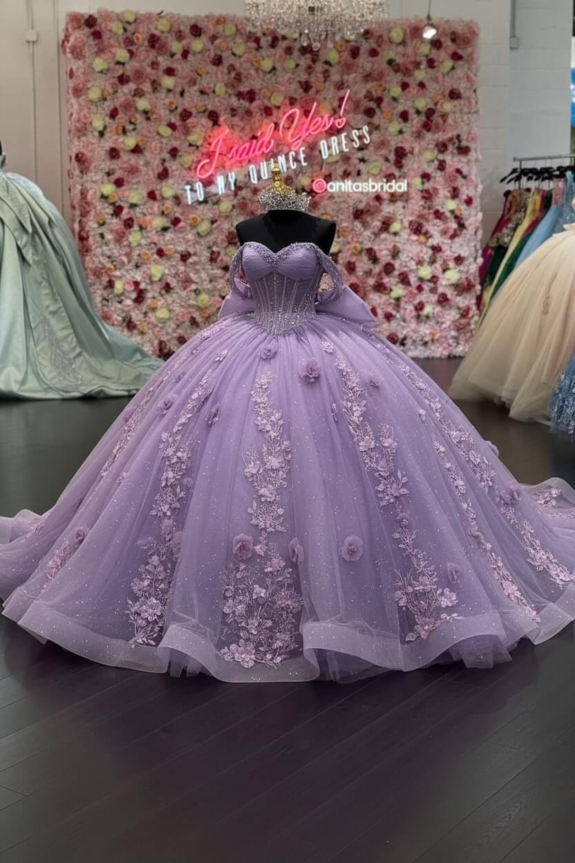 Ball Gown Off Shoulder Sleeveless Pleated 3D Flowers Applique Bow Knot Sparkly Pink Tulle Quinceanera Dress Birthday Party Dress Evening Formal Gown For Sweet 16