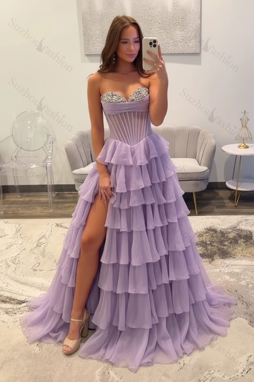 Ruffled Black Prom Dress A Line Corset Long Formal Dress With Beadings