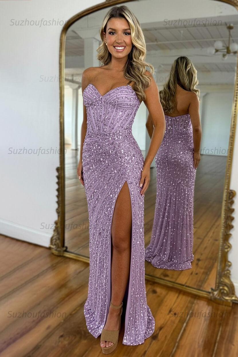 Sequined Prom Dress Sweetheart Mermaid With High Slit Skirt Formal Evening Gown