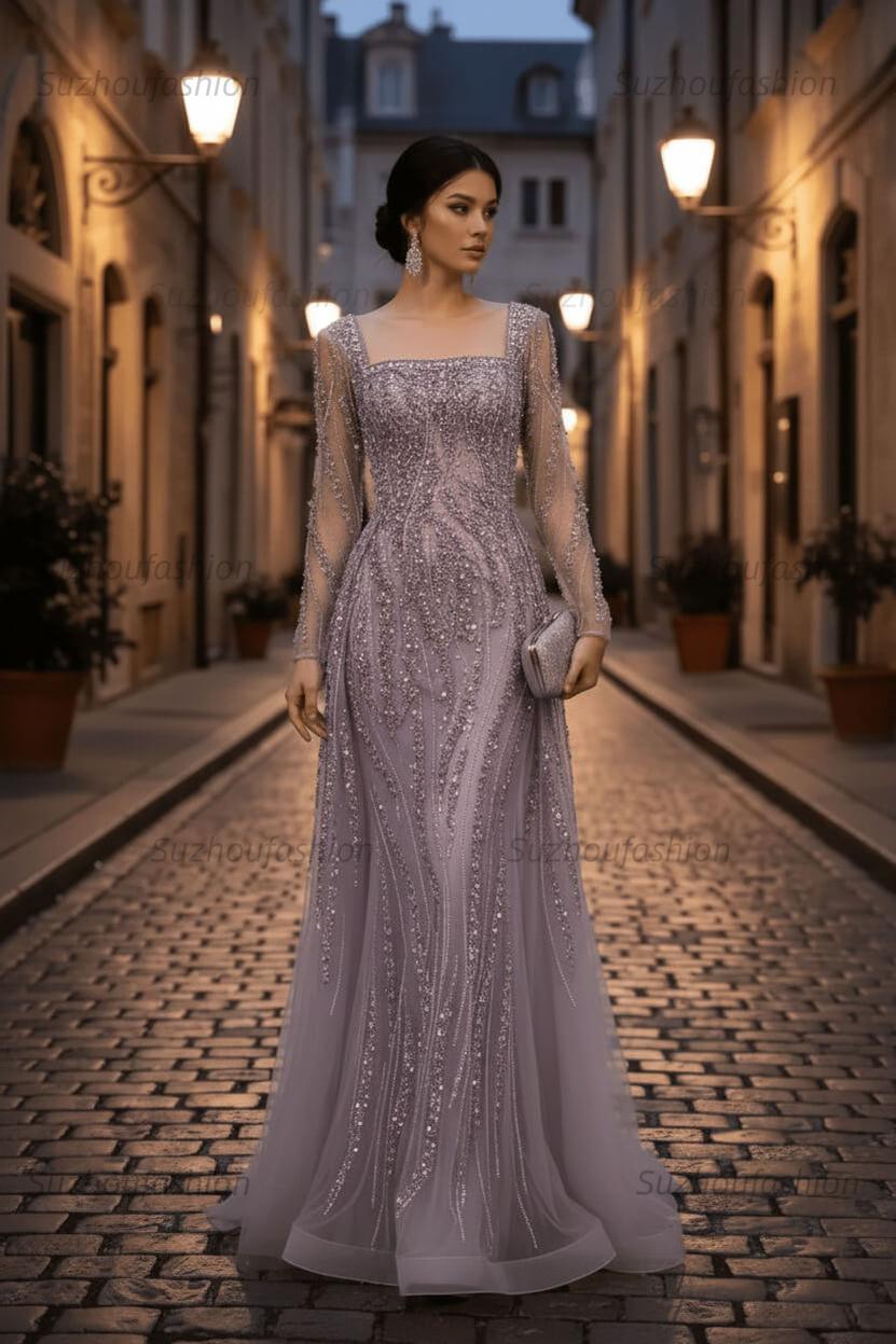 Square Neck Long Sleeves Long Mermaid Evening Formal Dress With Beading Tulle