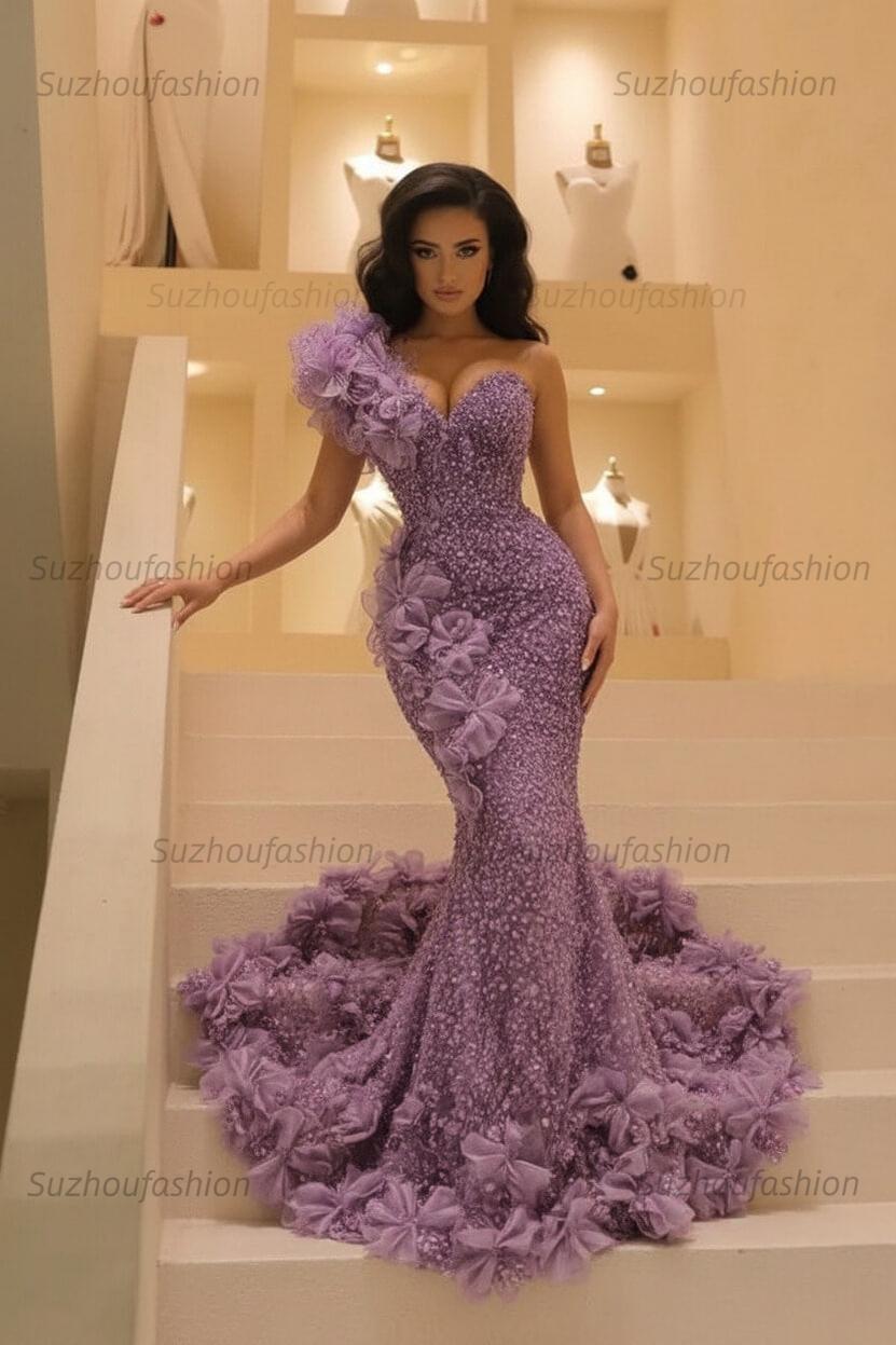Burgundy One Shoulder Prom Dress Mermaid Sequined Formal Evening Dress with 3D Flowers