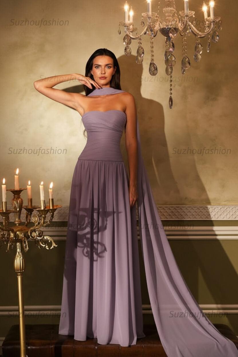 Chiffon Strapless Sleeveless Long Evening Formal Dress With Ruffled Pleated