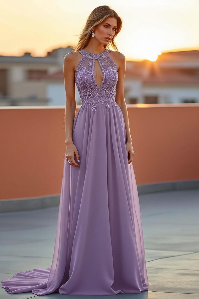 Beaded Navy Wedding Guest Dress Halter Long Formal Dress With Embroideries