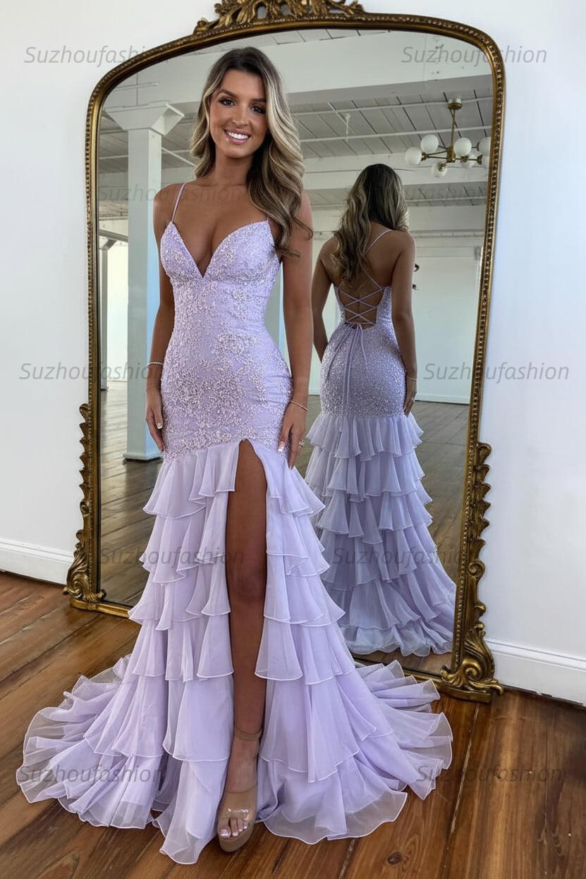Suzhoufashion Mermaid Spaghetti Straps Lace Up Long Prom Dress With Ruffle Skirt Formal Evening Gown