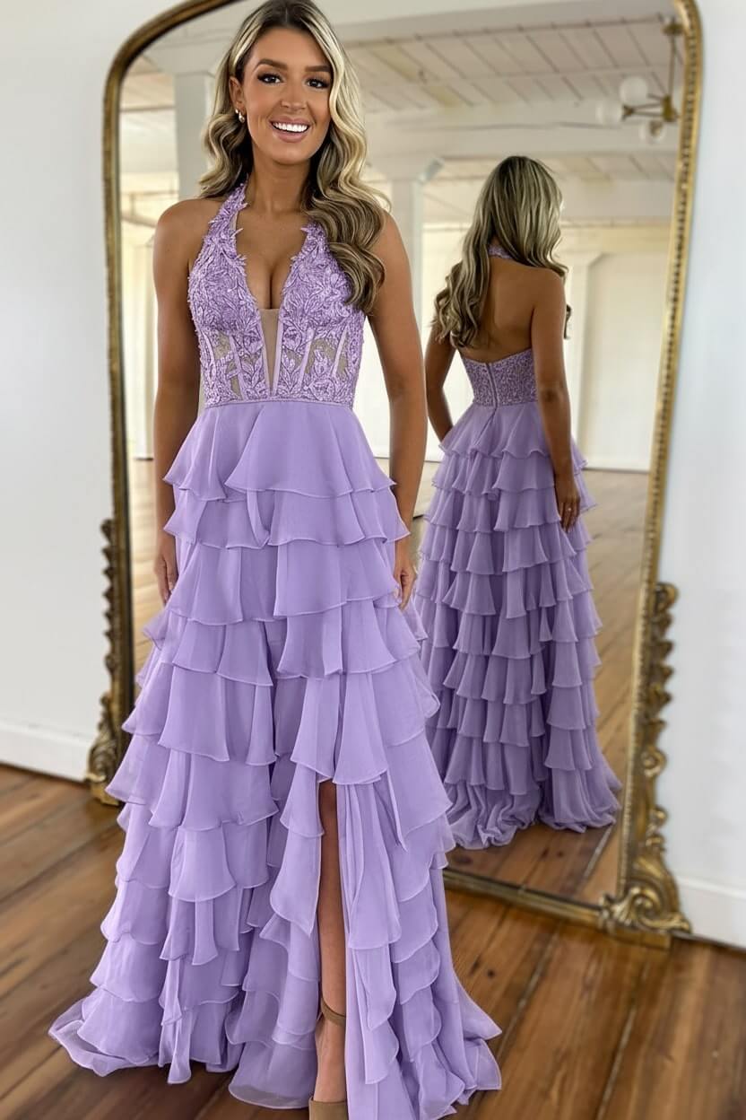 Sky Blue Prom Dress Ruffled Halter Corset Formal Dress With Slit