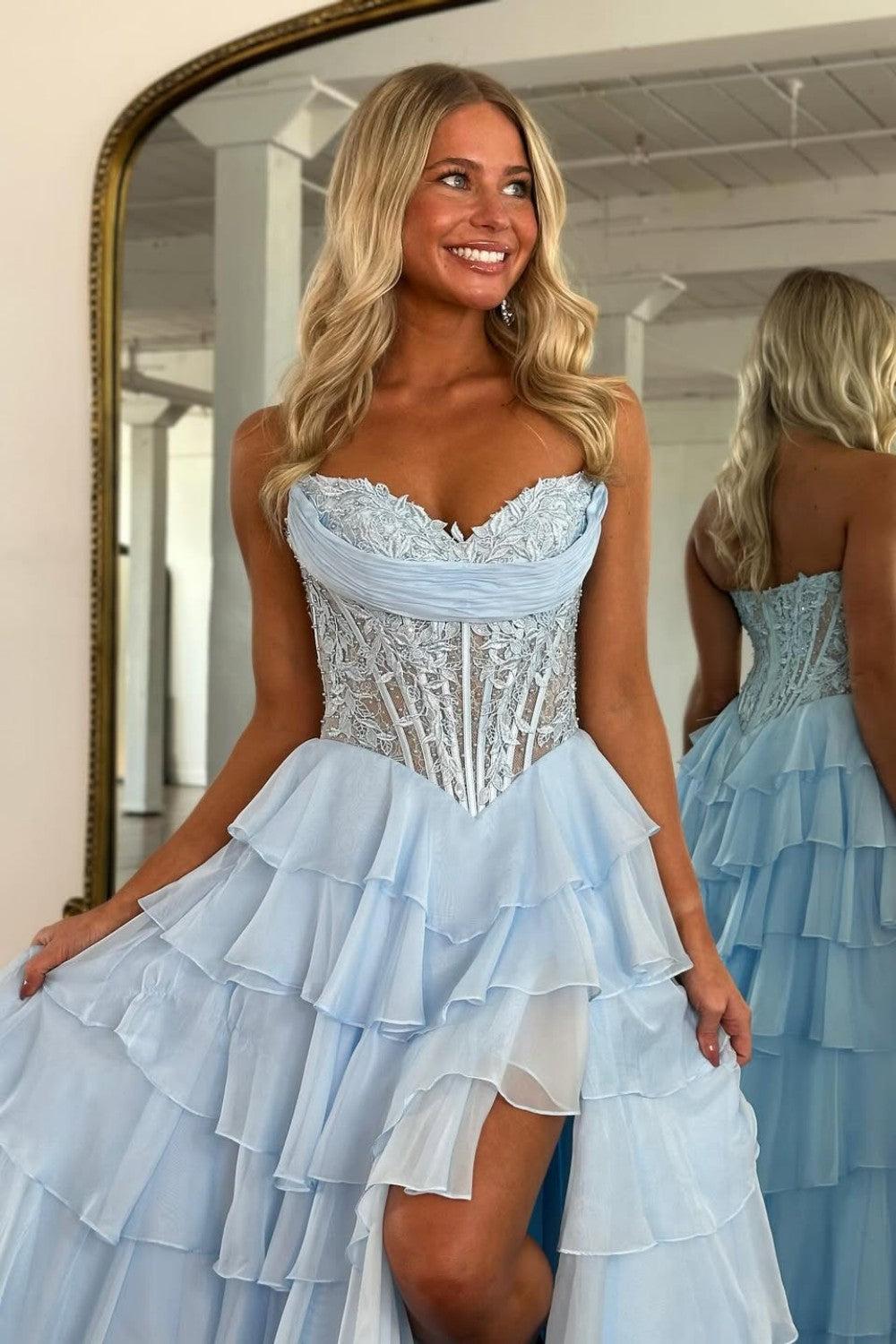 Suzhoufashion Layered Ruffle A-Line Prom Dress With Embellished Lace Bodice And Leg Slit Formal Evening Gown