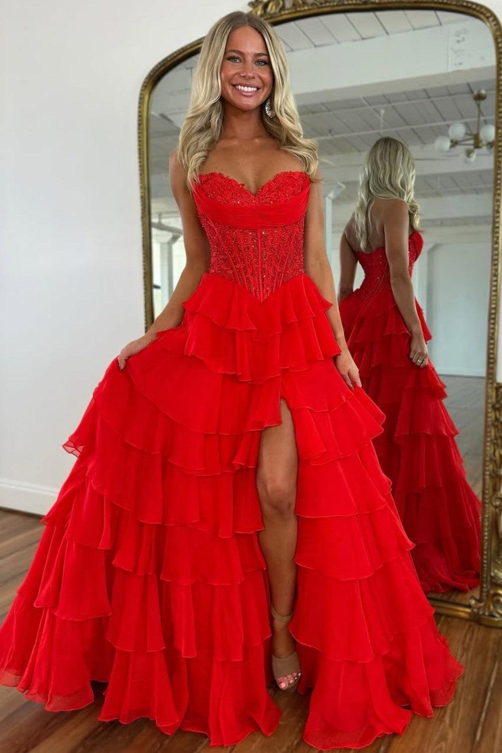 Suzhoufashion Layered Ruffle A-Line Prom Dress With Embellished Lace Bodice And Leg Slit Formal Evening Gown