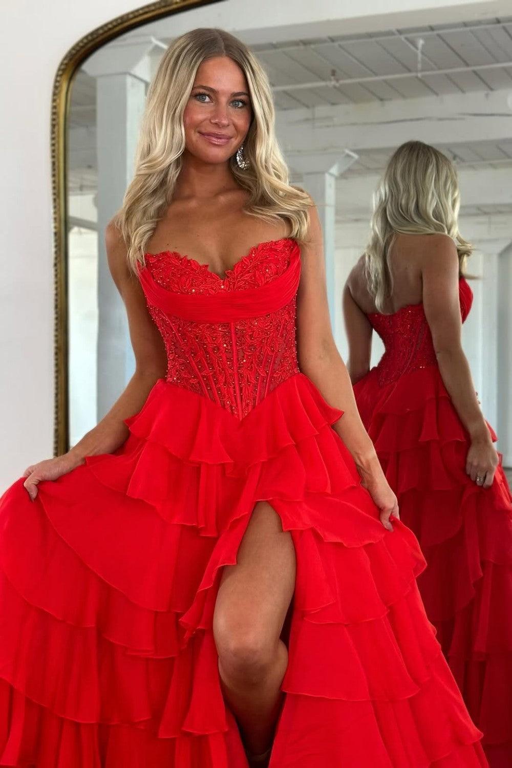 Suzhoufashion Layered Ruffle A-Line Prom Dress With Embellished Lace Bodice And Leg Slit Formal Evening Gown