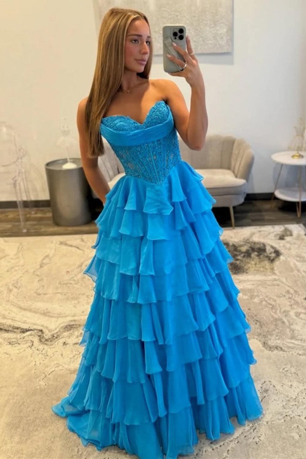 Suzhoufashion Layered Ruffle A-Line Prom Dress With Embellished Lace Bodice And Leg Slit Formal Evening Gown