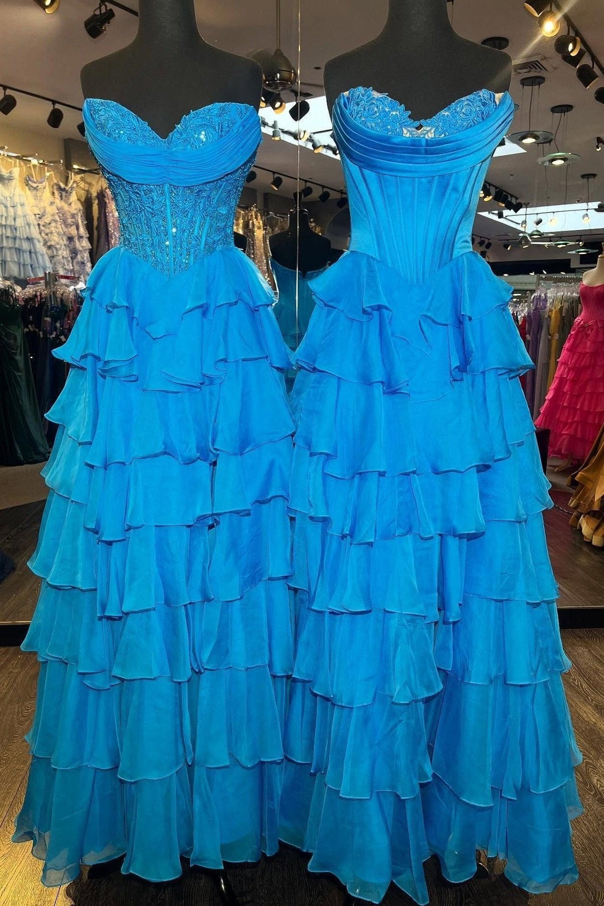 Suzhoufashion Layered Ruffle A-Line Prom Dress With Embellished Lace Bodice And Leg Slit Formal Evening Gown