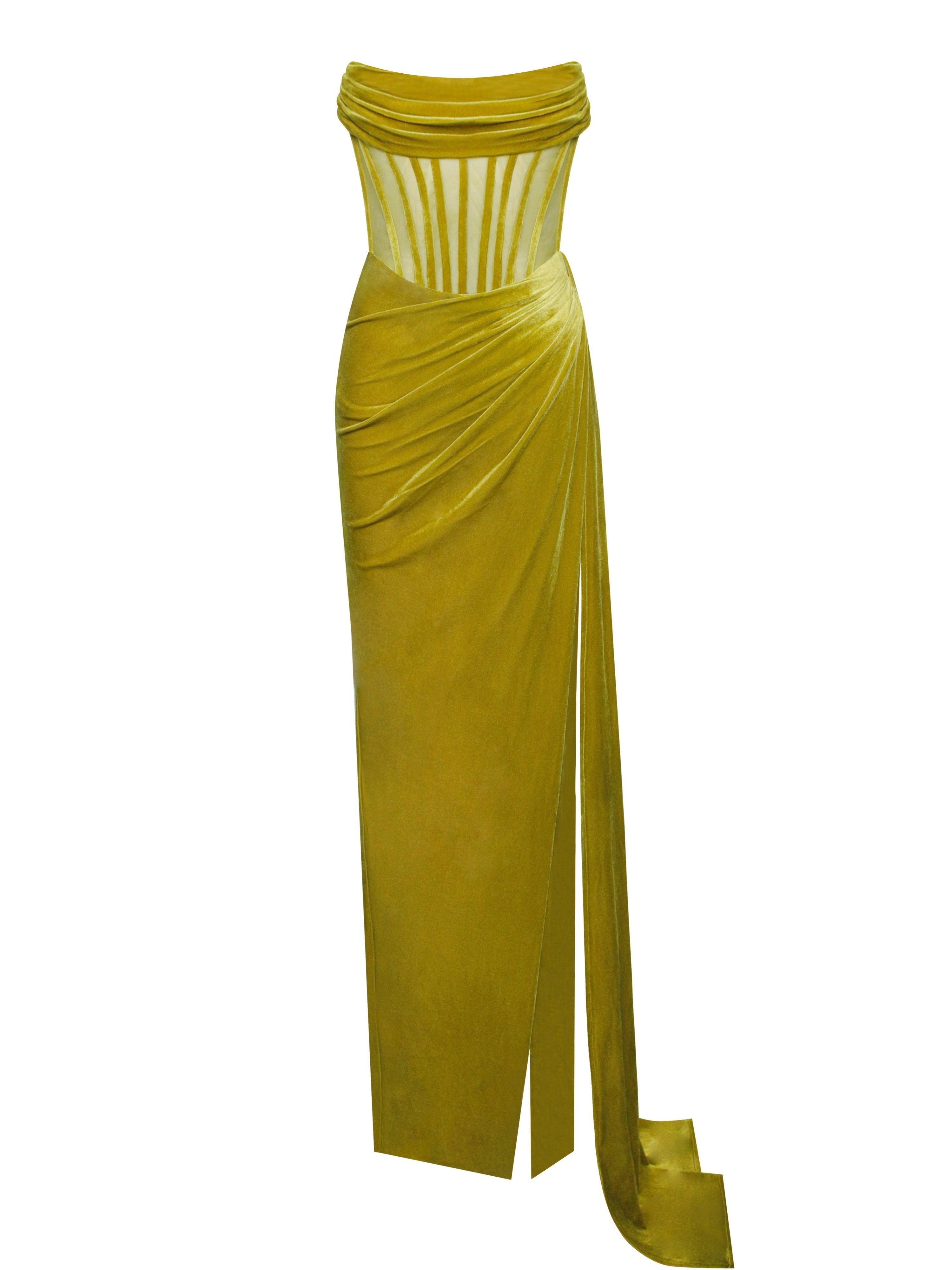Leilani Corset Split Maxi Dress In Gold