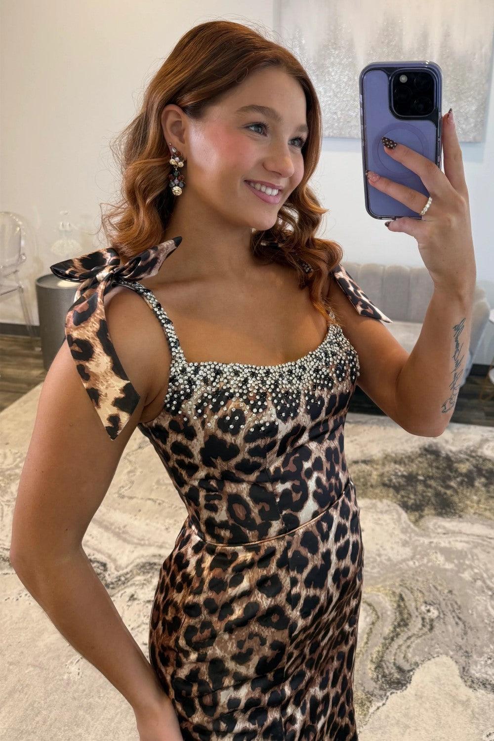 Leopard Print Beaded Long Prom Dress With Spaghetti Straps And Front Slit Formal Evening Gown