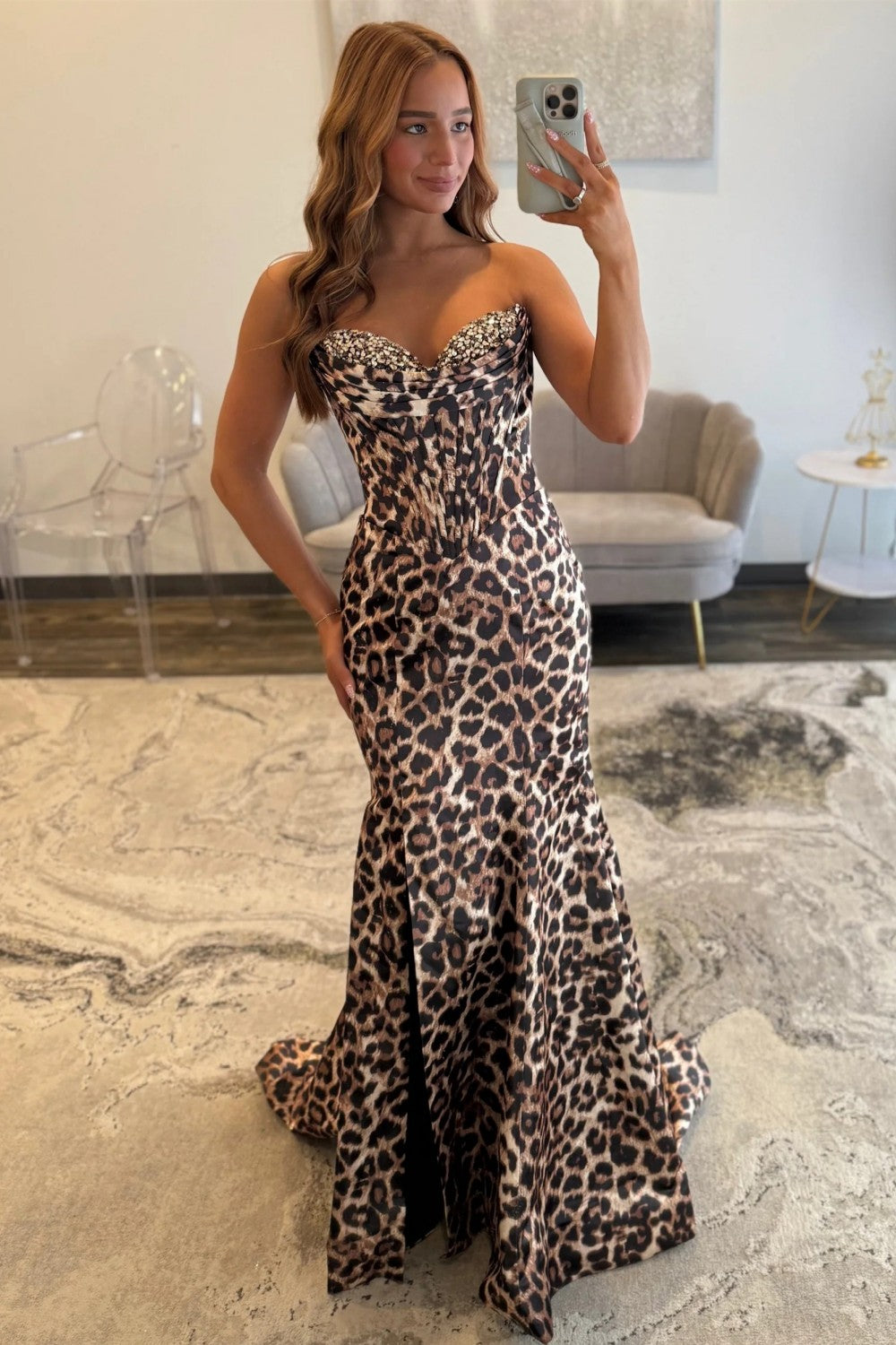 Stunning Mermaid Sweetheart Brown Leopard Printed Corset Prom Dress with Beading - VelvetHem