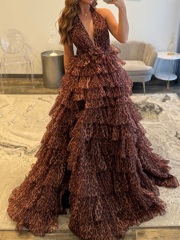 Leopard Print Tiered Ruffle Halter Long Prom Dress - VelvetHem