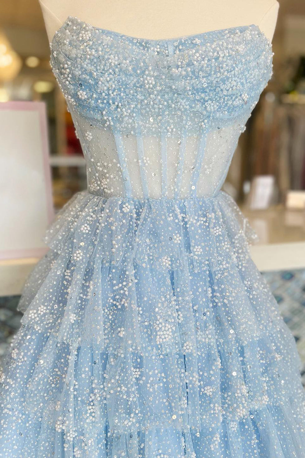 Light Blue Homecoming Dresses Corset Strapless A-Line Tiered Short Cocktail Dresses