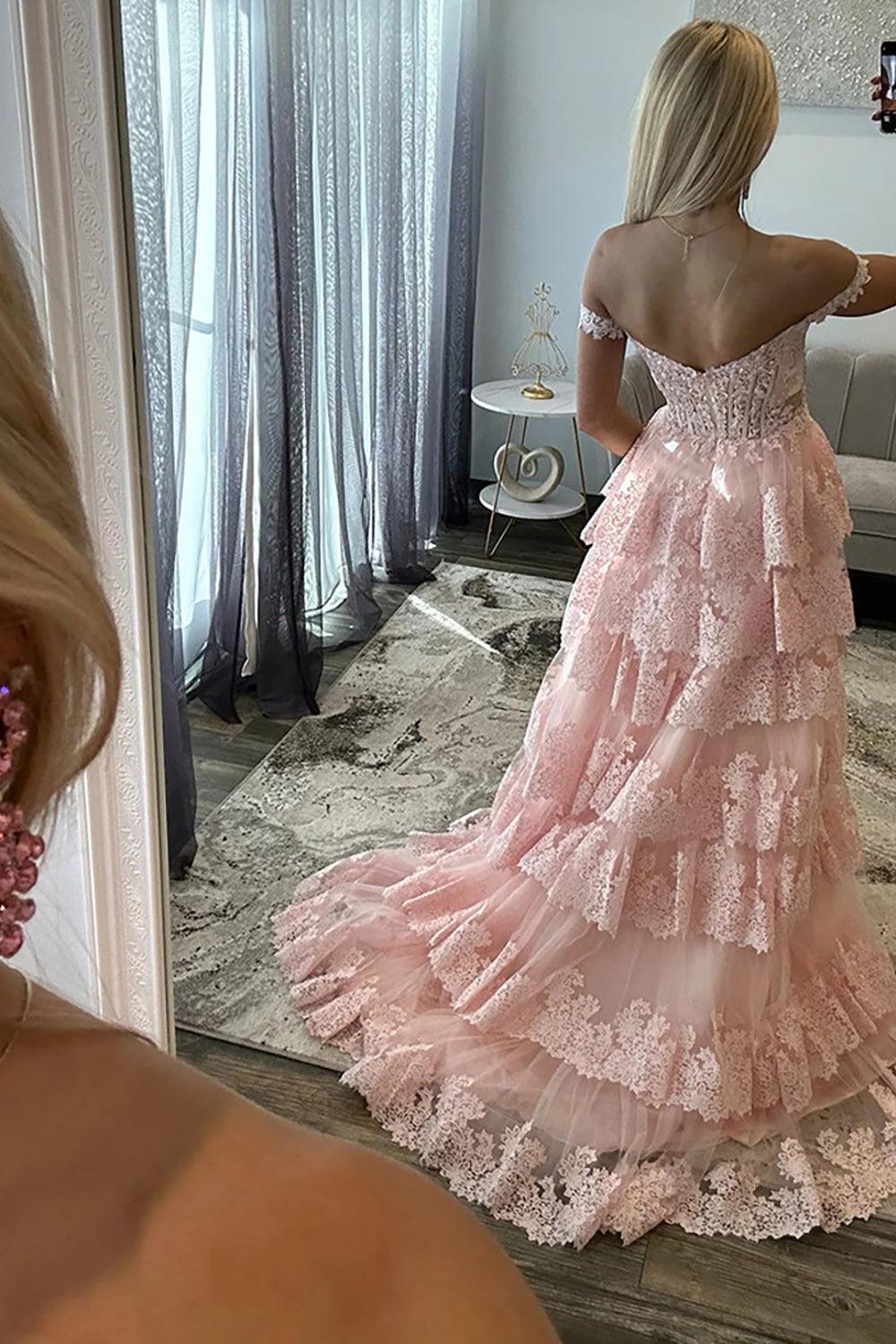 Suzhoufashion Light Blue Lace Ruffled Prom Dress Corset Off The Shoulder Long Formal Dress With Slit