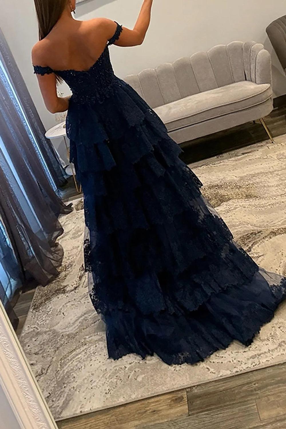 Suzhoufashion Light Blue Lace Ruffled Prom Dress Corset Off The Shoulder Long Formal Dress With Slit