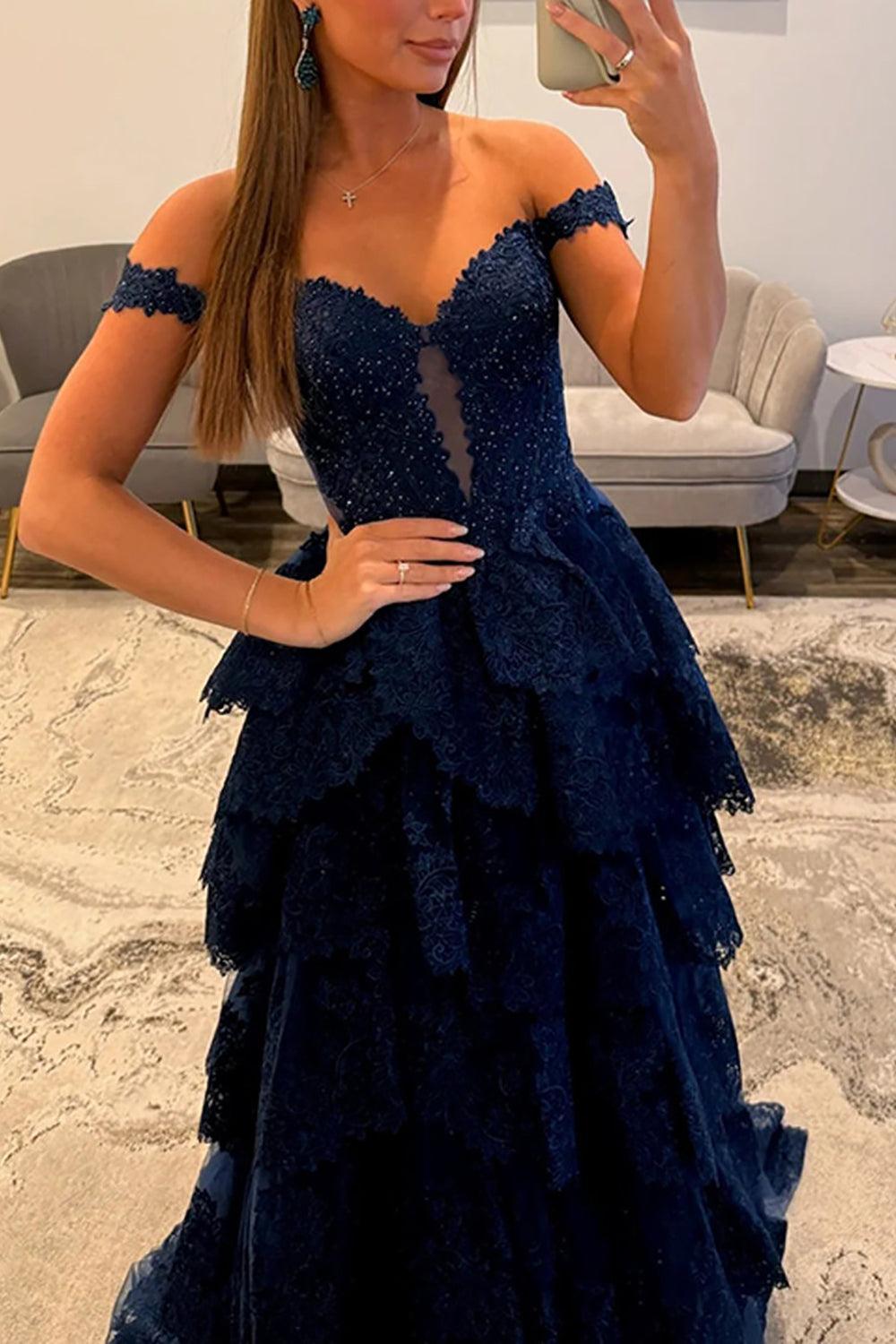 Suzhoufashion Light Blue Lace Ruffled Prom Dress Corset Off The Shoulder Long Formal Dress With Slit