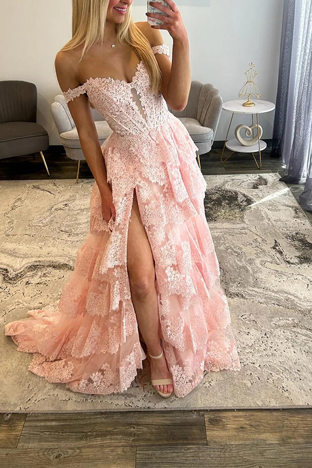 Suzhoufashion Light Blue Lace Ruffled Prom Dress Corset Off The Shoulder Long Formal Dress With Slit