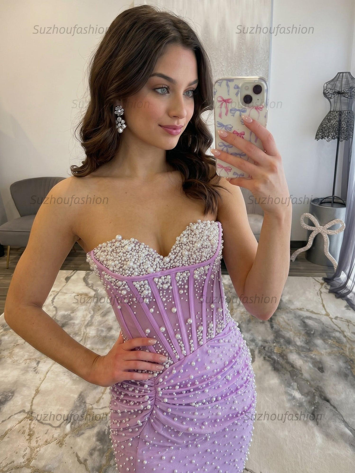 Suzhoufashion Light Blue Pearl-Embellished Ruched Corset Homecoming Dress