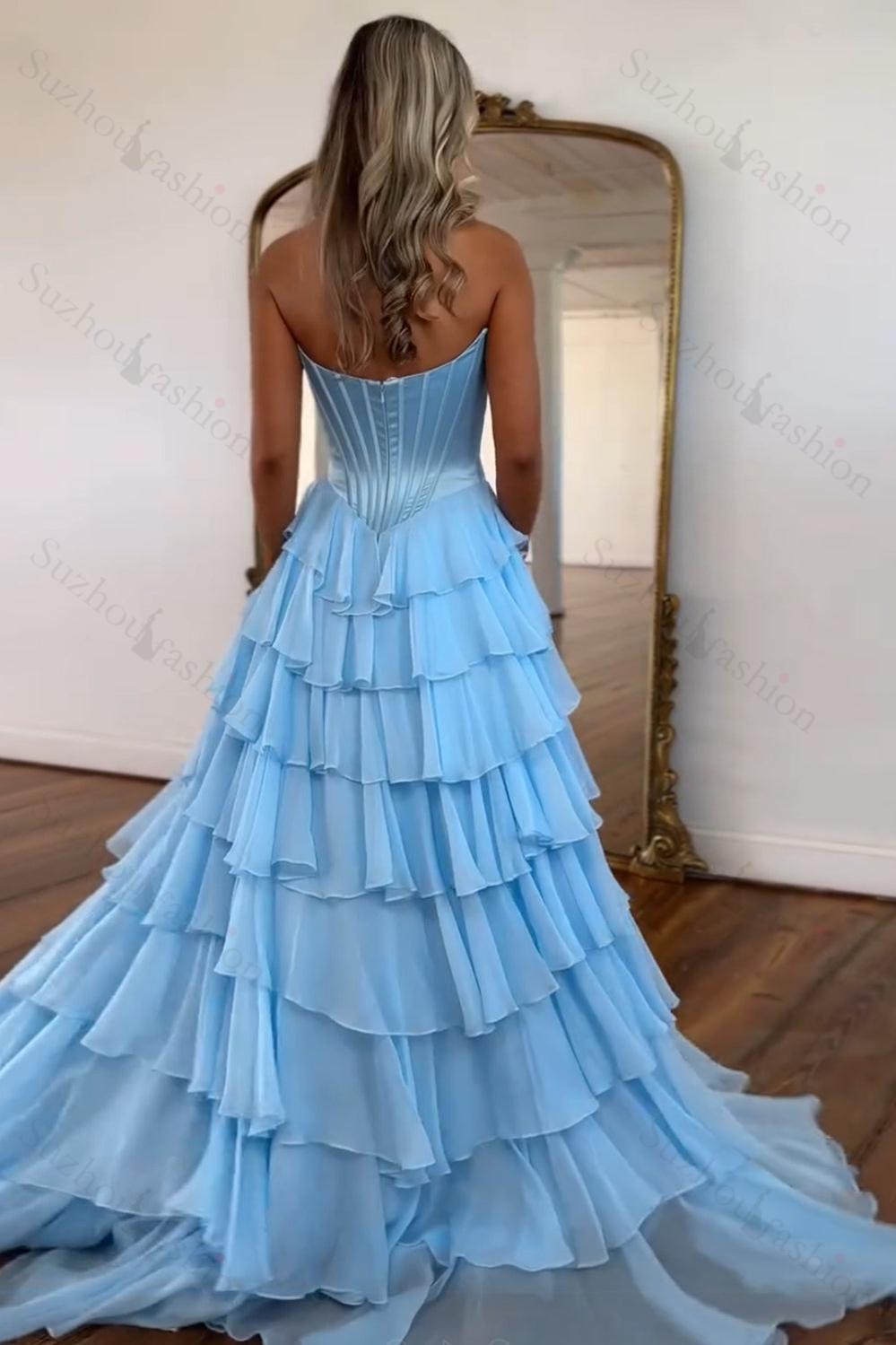 Light Blue Prom Dress A Line Sweetheart Ruffled Corset Long Formal Dress