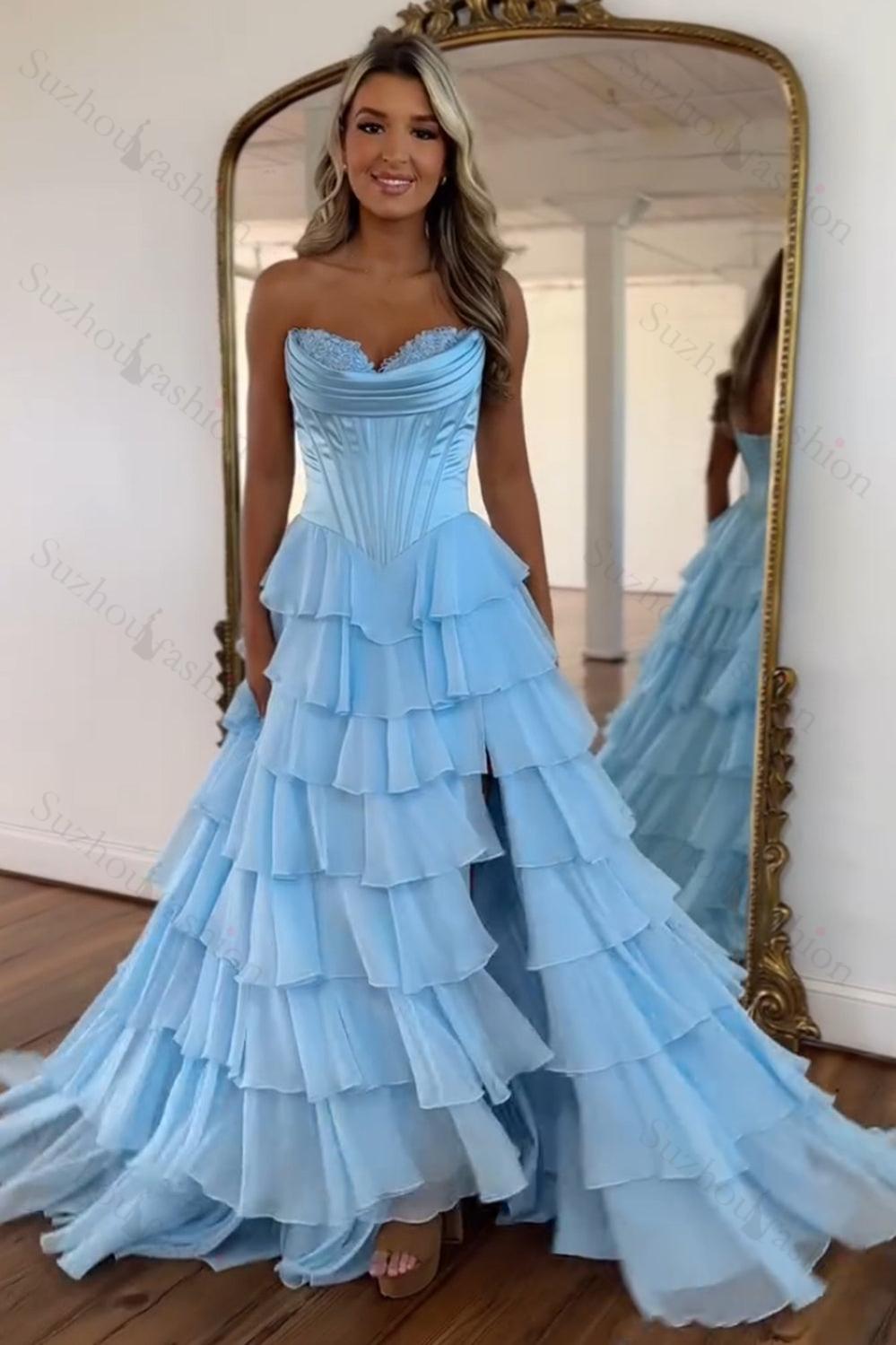 Light Blue Prom Dress A Line Sweetheart Ruffled Corset Long Formal Dress