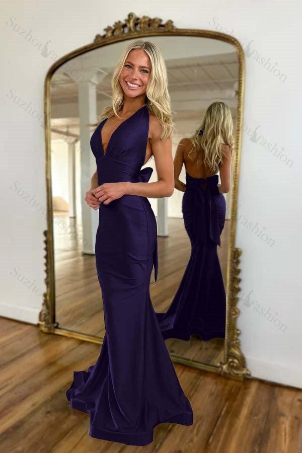 Light Blue Prom Dress Mermaid Deep V-Neck Backless Long Formal Dress
