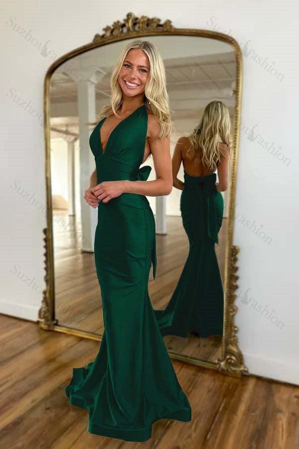 Light Blue Prom Dress Mermaid Deep V-Neck Backless Long Formal Dress