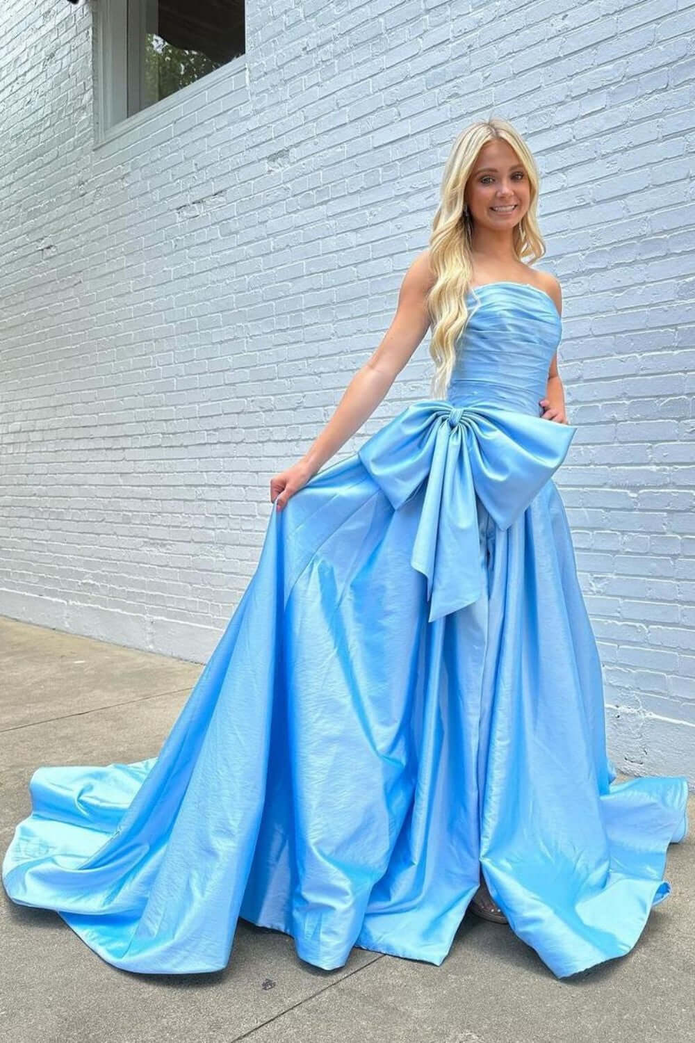Hot Pink Prom Dress Strapless Sleeveless Pleated Split Evening Formal Dress With Bowknot