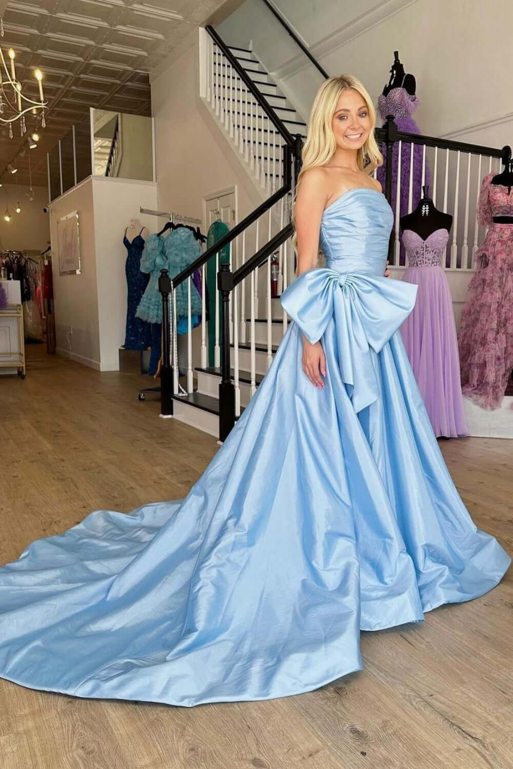 Hot Pink Prom Dress Strapless Sleeveless Pleated Split Evening Formal Dress With Bowknot