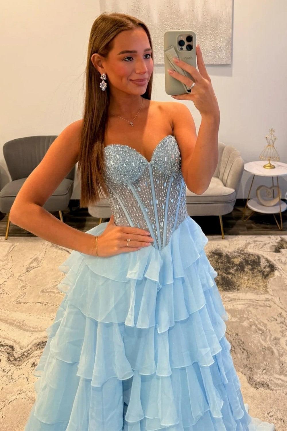 Light Blue Sweetheart Corset Prom Dress With Tiered Ruffles And High Slit Formal Evening Gown