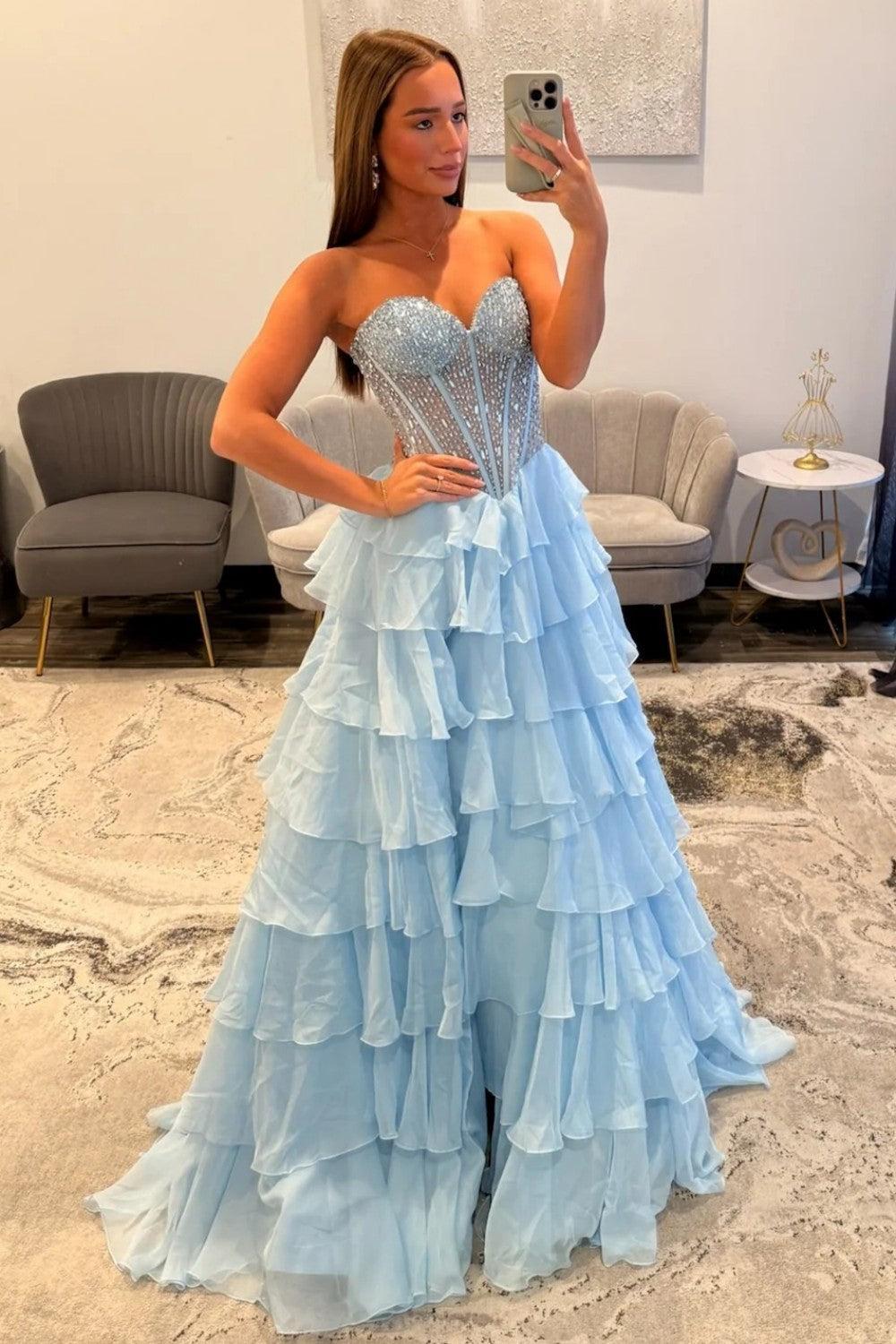 Light Blue Sweetheart Corset Prom Dress With Tiered Ruffles And High Slit Formal Evening Gown