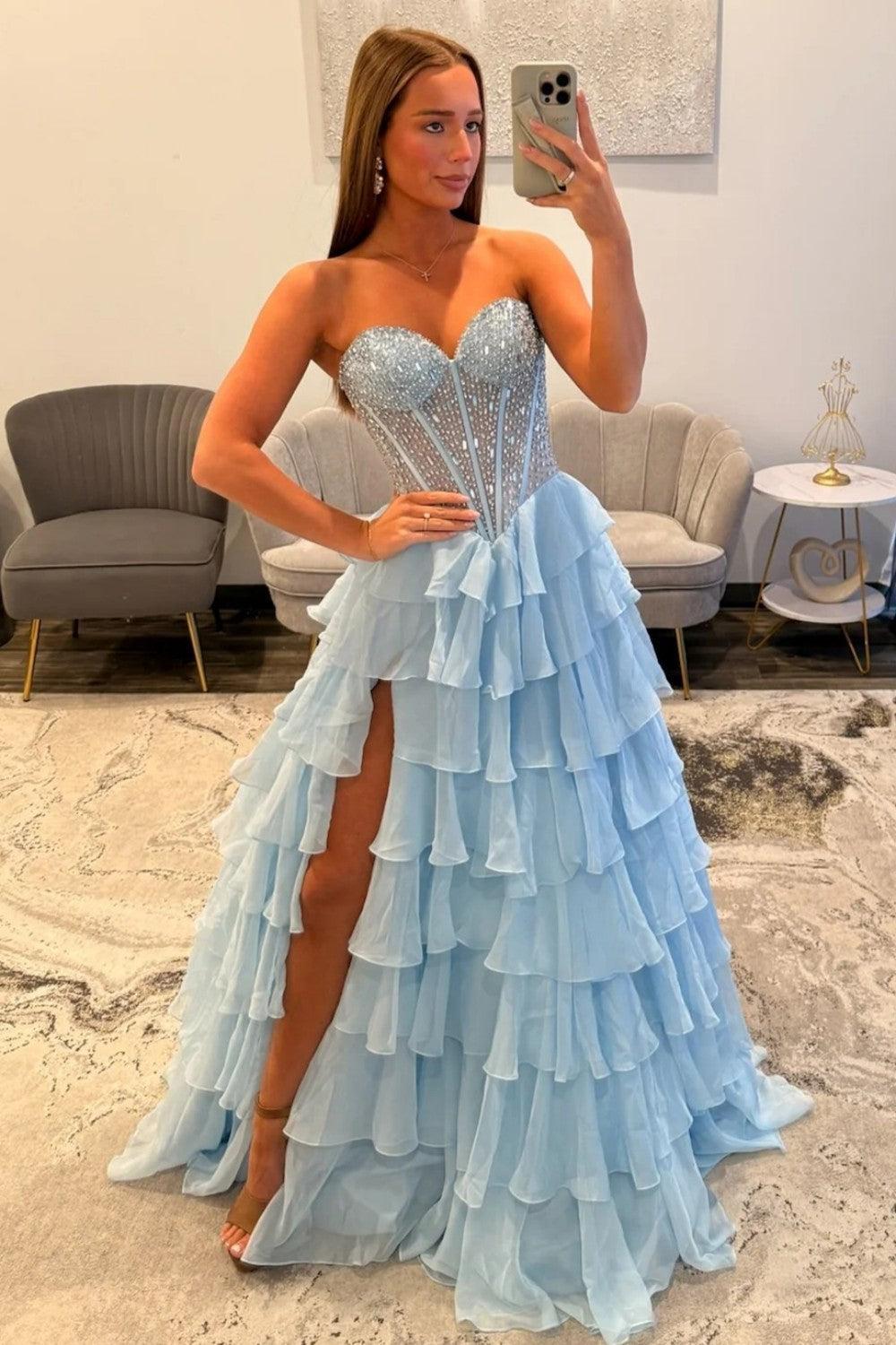 Light Blue Sweetheart Corset Prom Dress With Tiered Ruffles And High Slit Formal Evening Gown