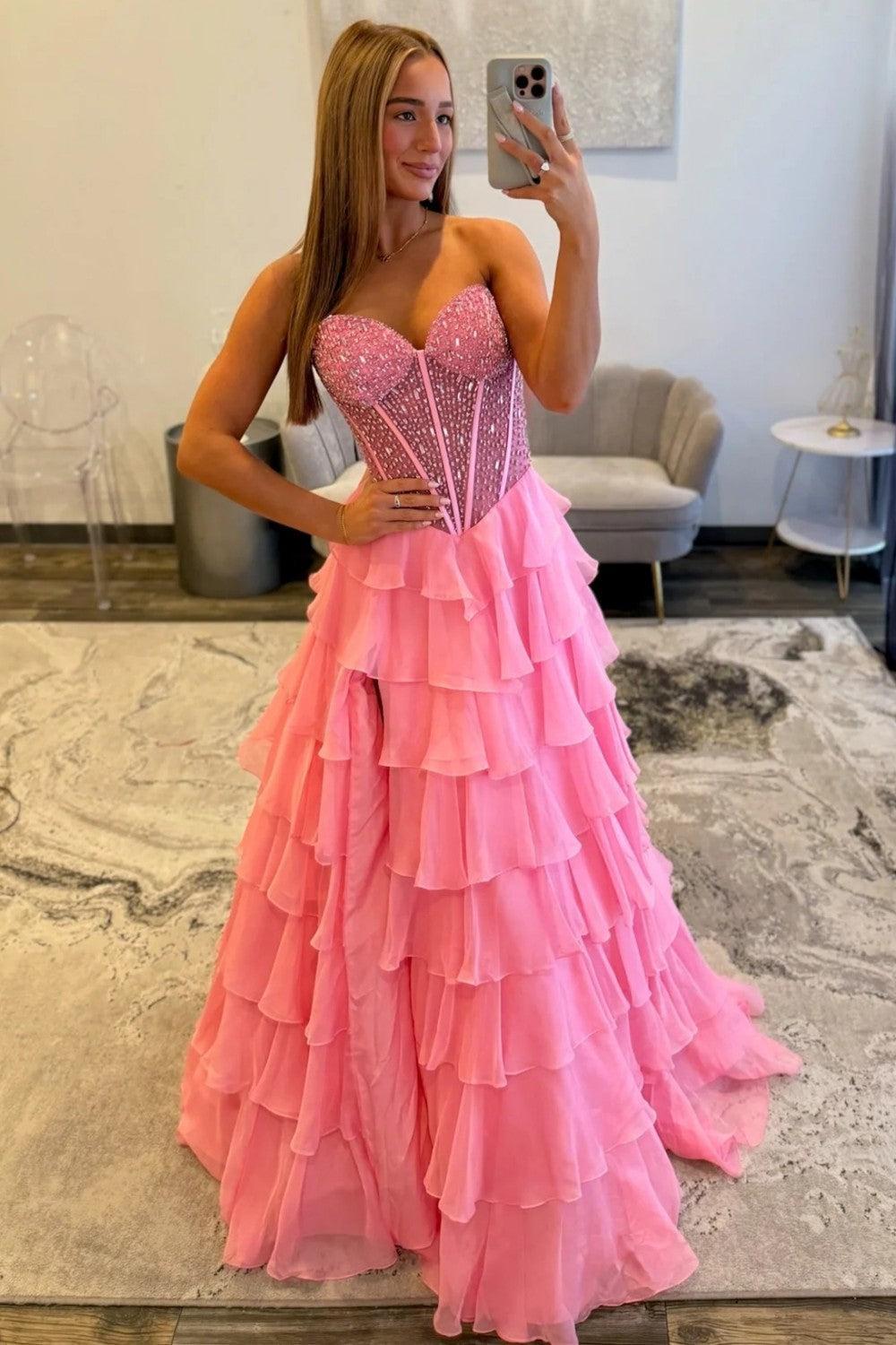 Light Blue Sweetheart Corset Prom Dress With Tiered Ruffles And High Slit Formal Evening Gown