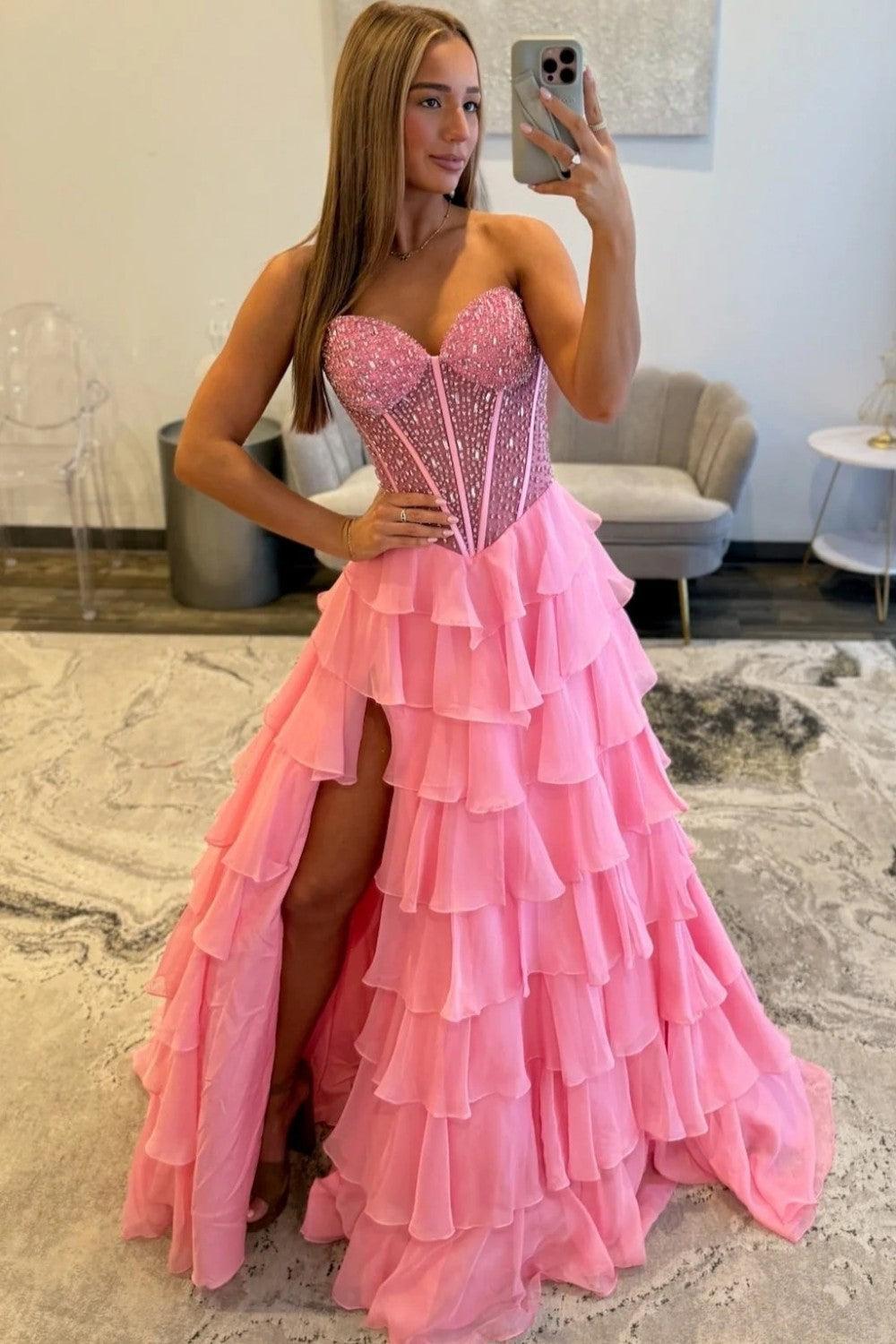 Light Blue Sweetheart Corset Prom Dress With Tiered Ruffles And High Slit Formal Evening Gown